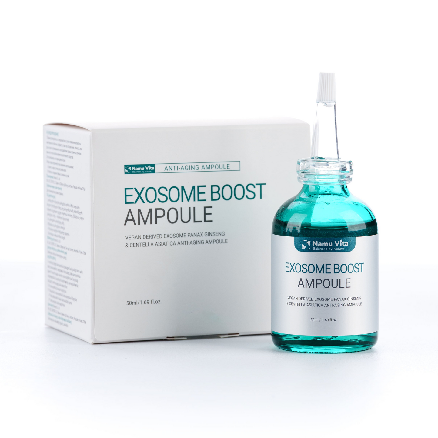 Exosome Boost Ampoule bottle and packaging on a white background
